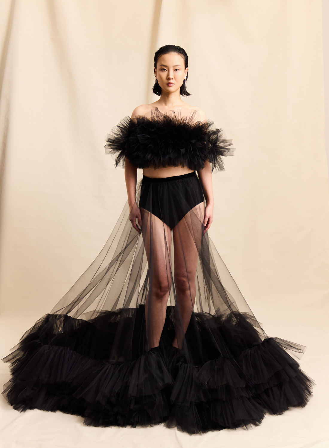 Black Corseted Voluminous Off The Shoulder Tulle Ruffle Top LOOK M5