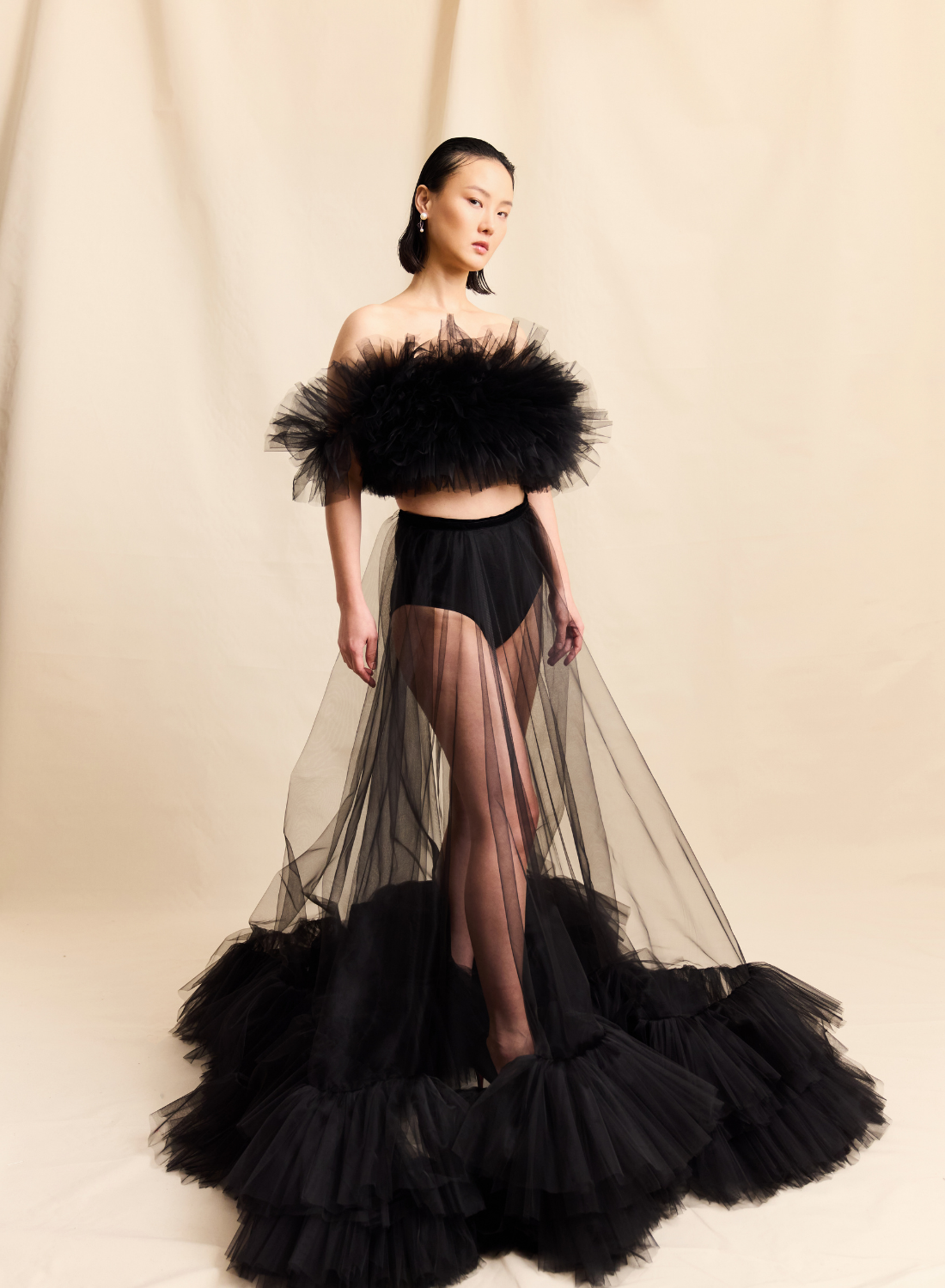 Black Corseted Voluminous Off The Shoulder Tulle Ruffle Top LOOK M5