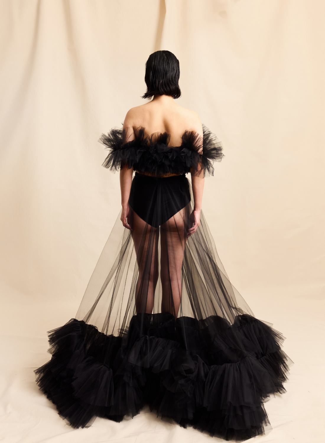 Black Corseted Voluminous Off The Shoulder Tulle Ruffle Top LOOK M5