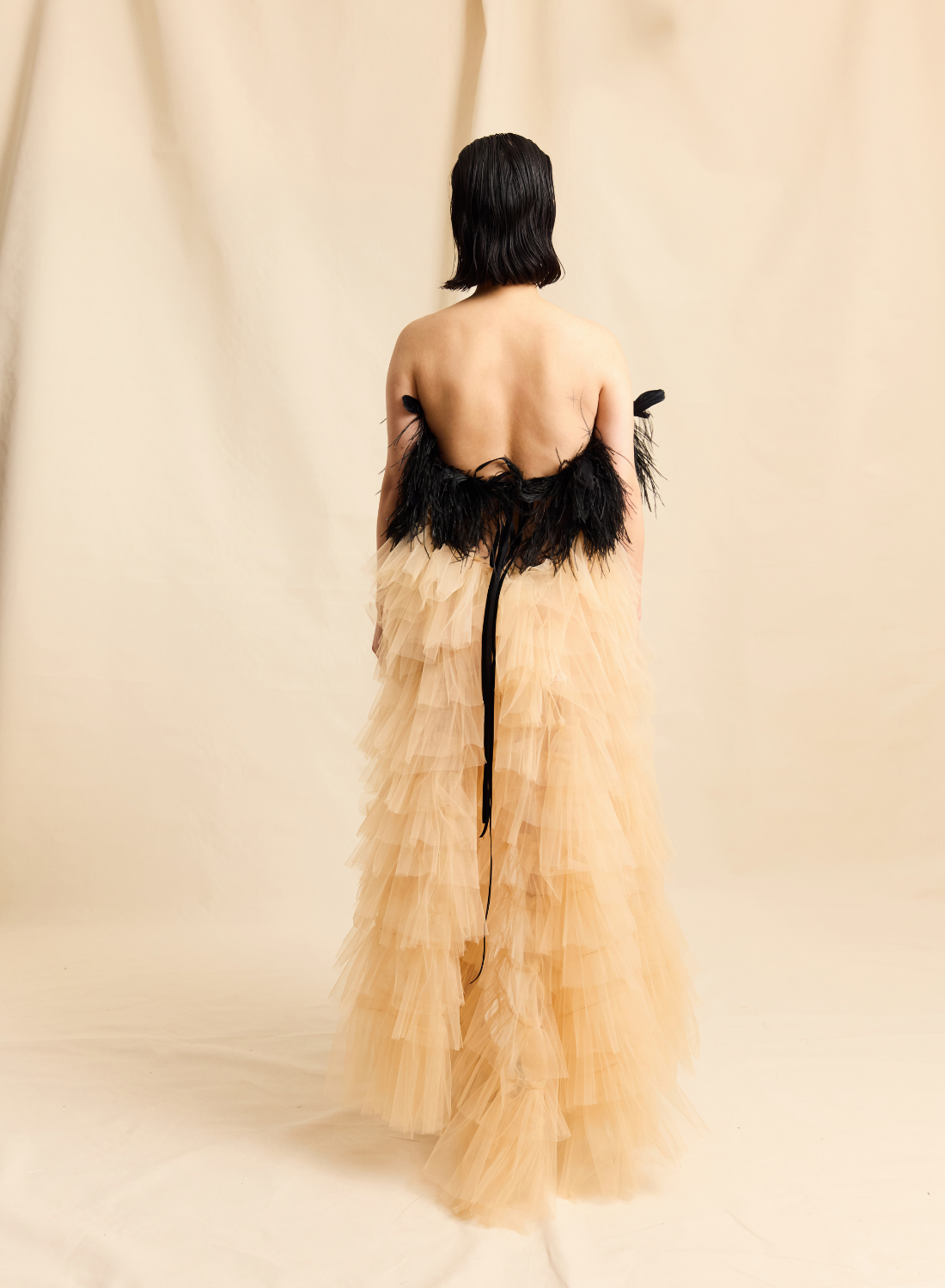 BLACK OSTRICH FEATHER & TULLE RUFFLE GOWN LOOK M13