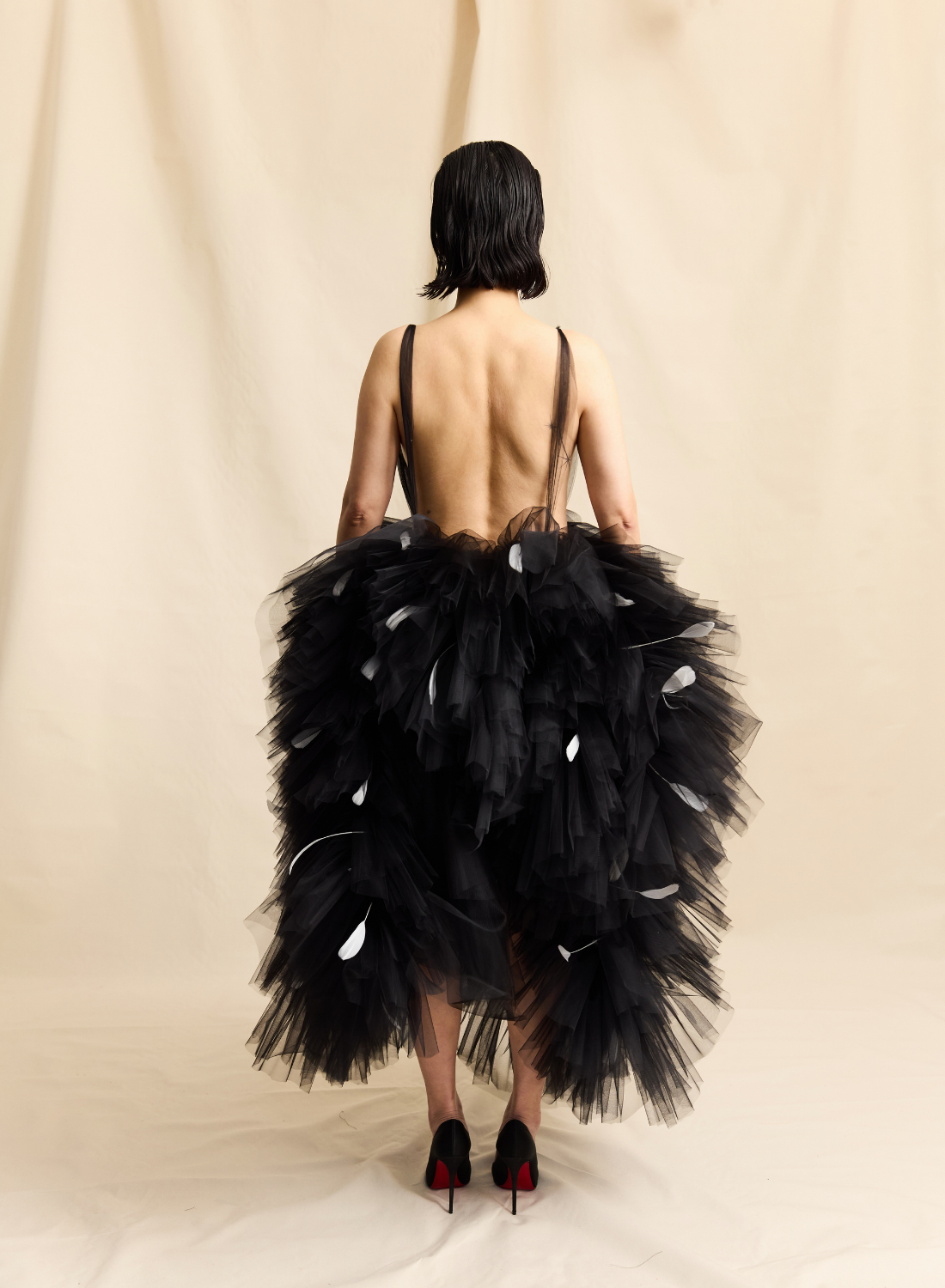 BLACK PLUNGE NECKLINE TULLE RUFFLE & FEATHER MIDI GOWN LOOK M16