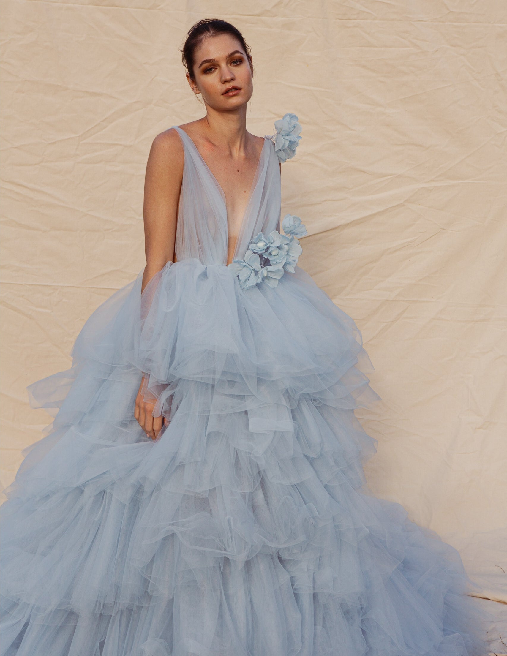 Sample Sale Camille Silk Blossom Ruffle Gown