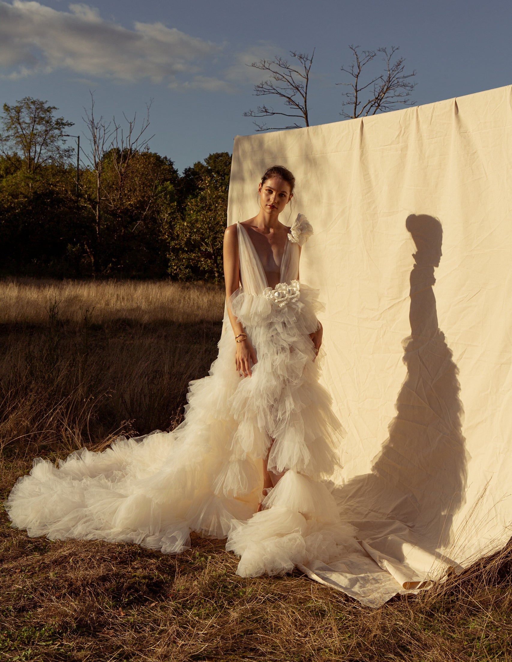 Sample Sale Genevieve Silk Flower Ruffle Gown