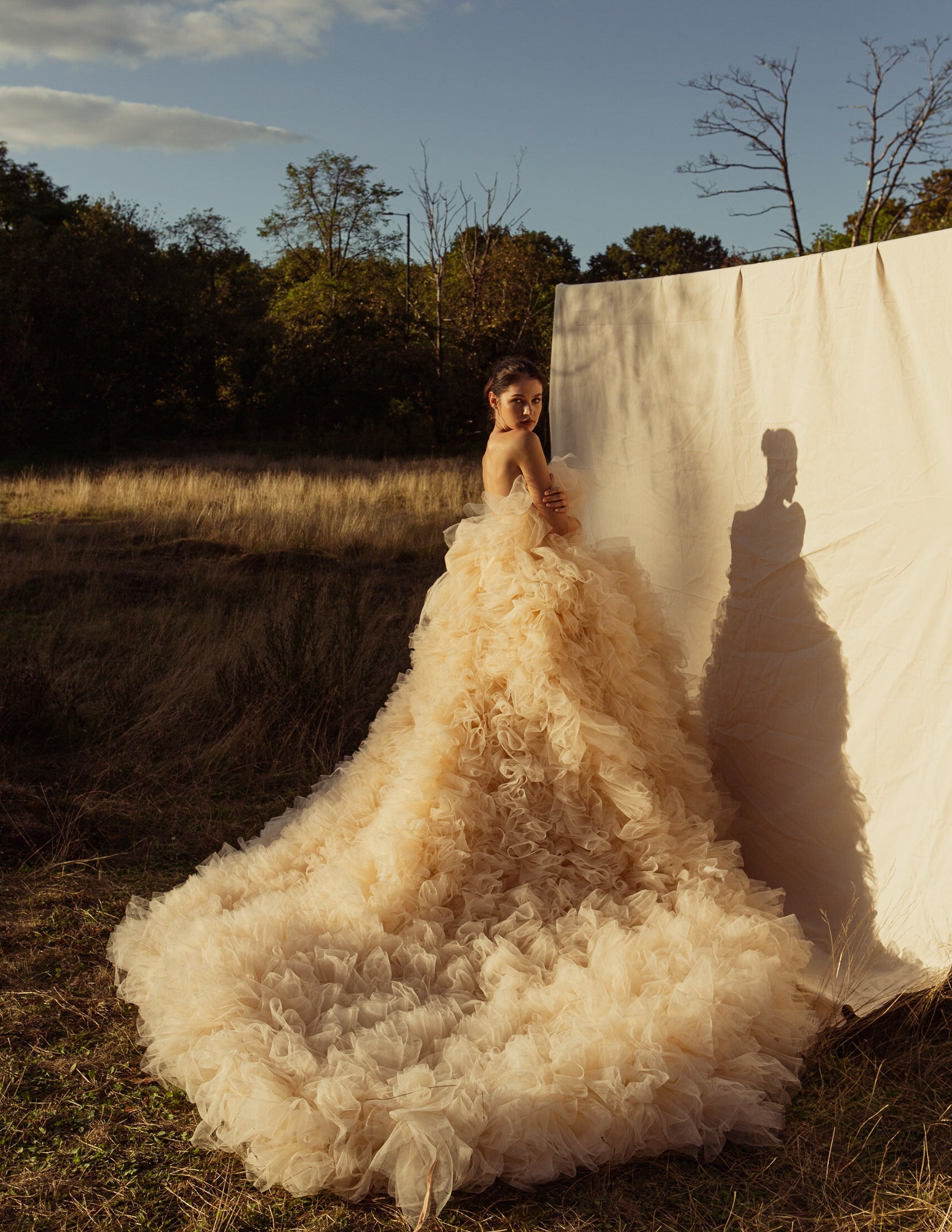 Celine Strapless Ruffle Gown With Long Train.