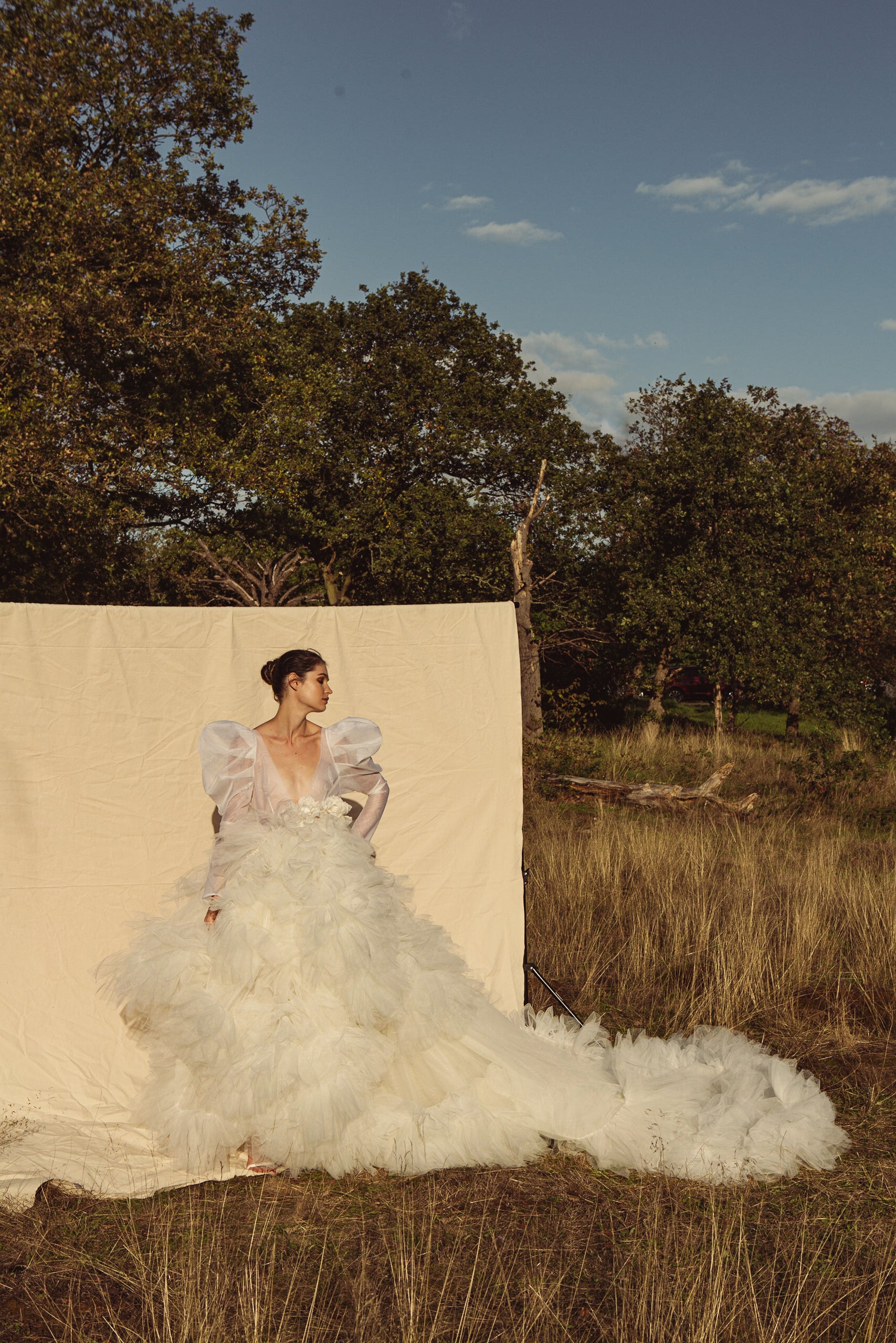 Gabrielle Long Puff Sleeve & Silk Flower Ruffle Gown.