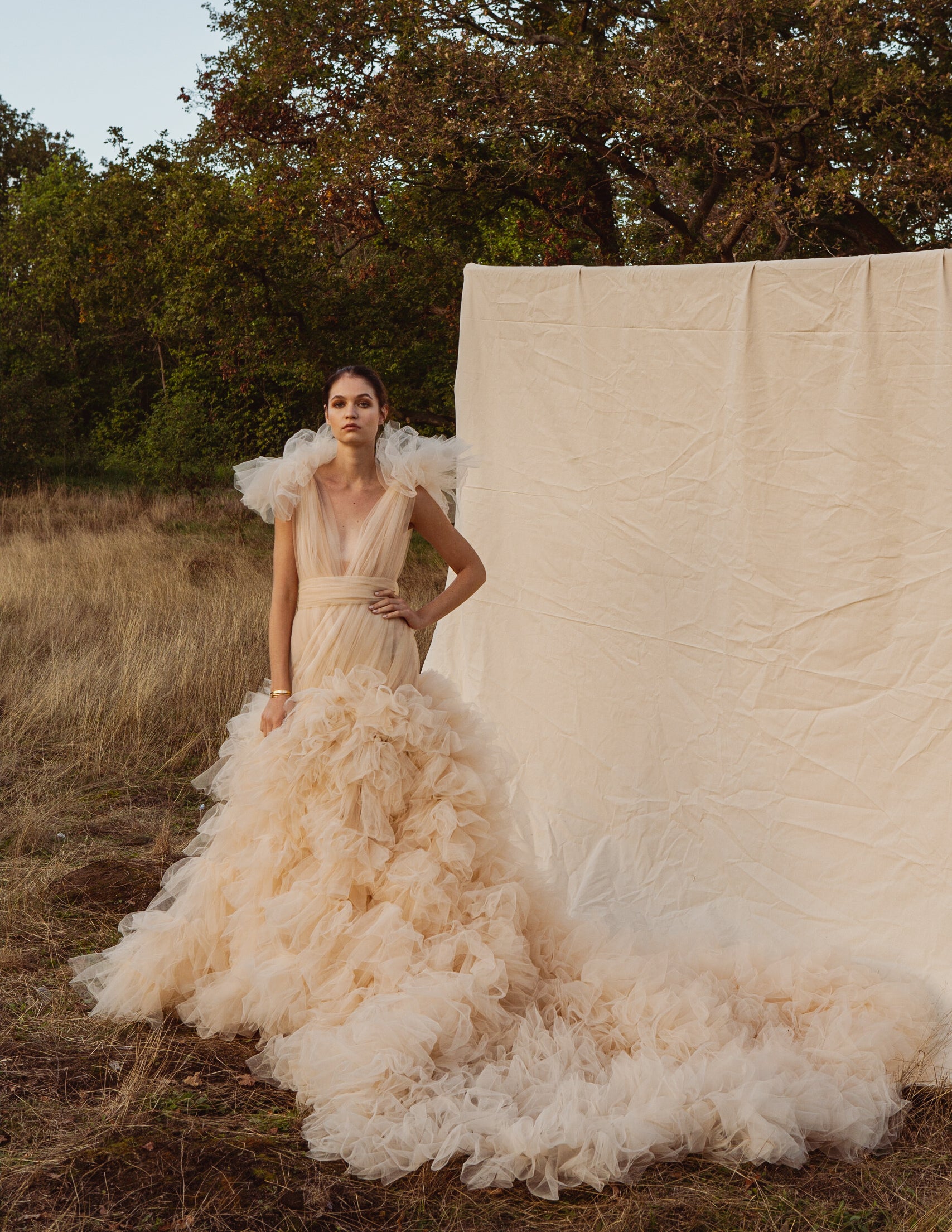 Lorenza Plunge Pleated Mermaid Tulle gown with Ruffle Tulle Skirt & Ruffle Shoulder