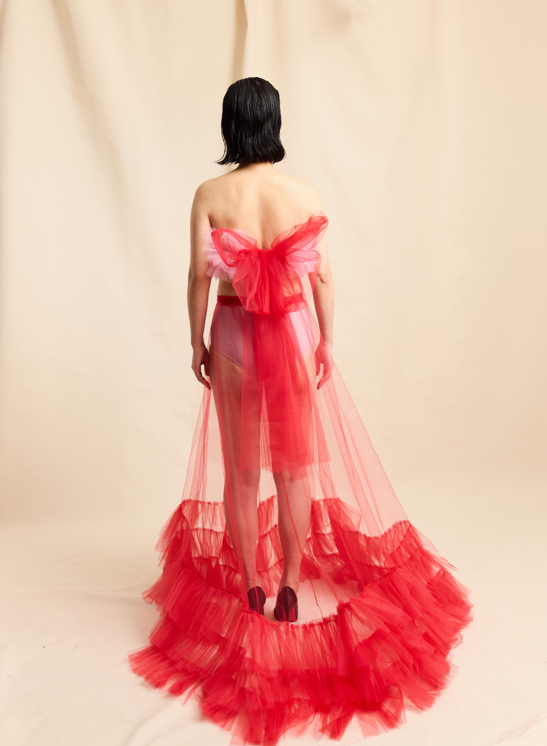 Pink Ruffle Tulle Corseted Strapless Top with Dramatic Tulle Bow LOOK M15