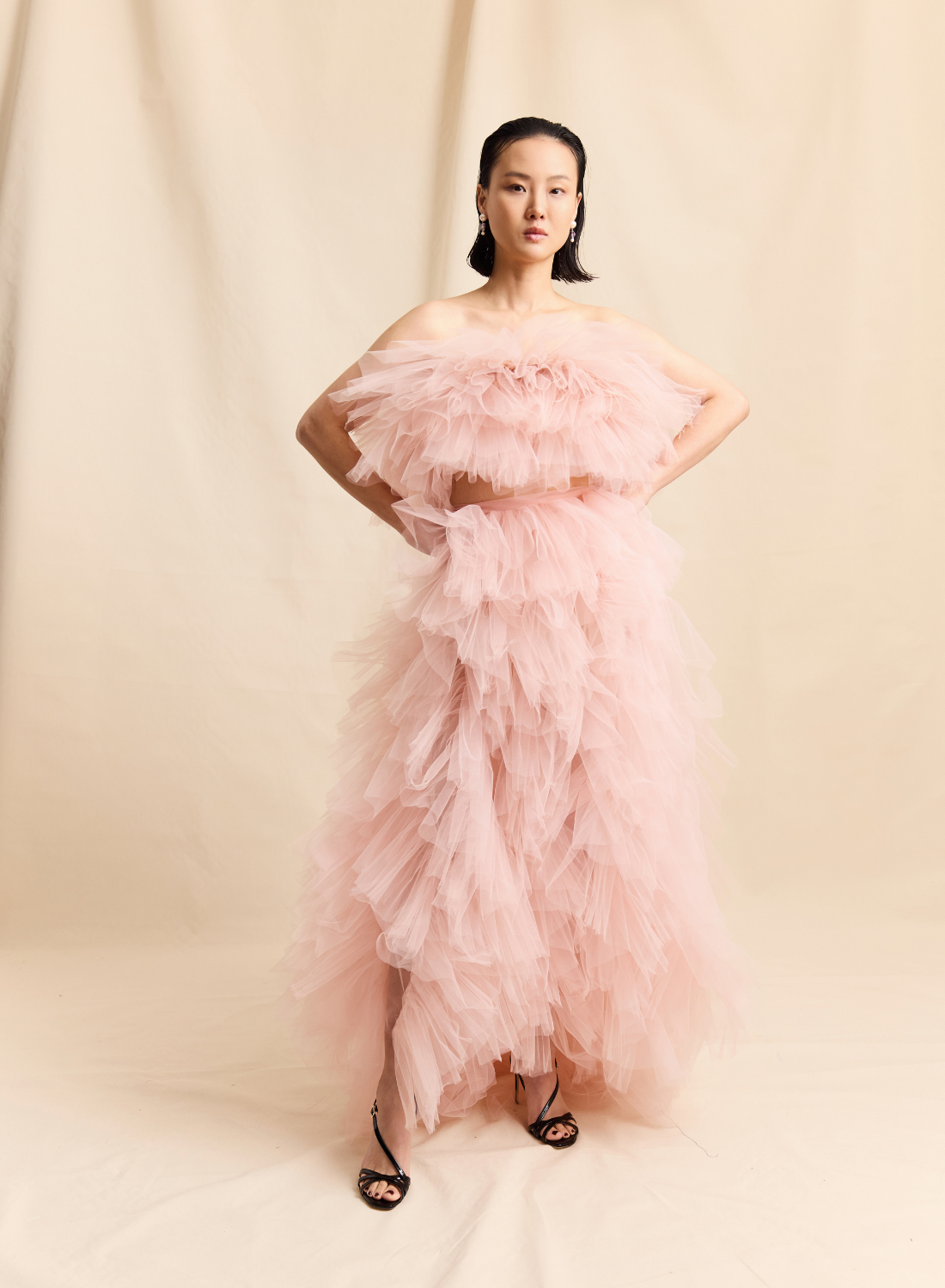Blush Ostrich Feather & Ruffle Tulle Corseted Strapless Top LOOK M7