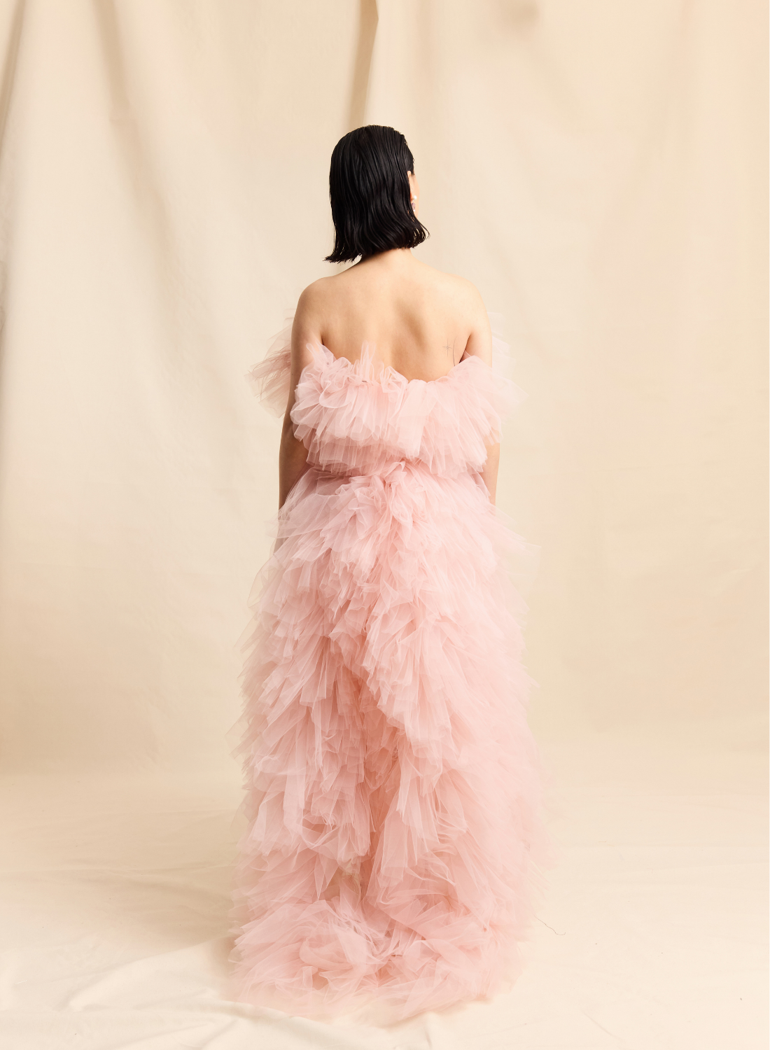 Blush Ostrich Feather & Ruffle Tulle Corseted Strapless Top LOOK M7