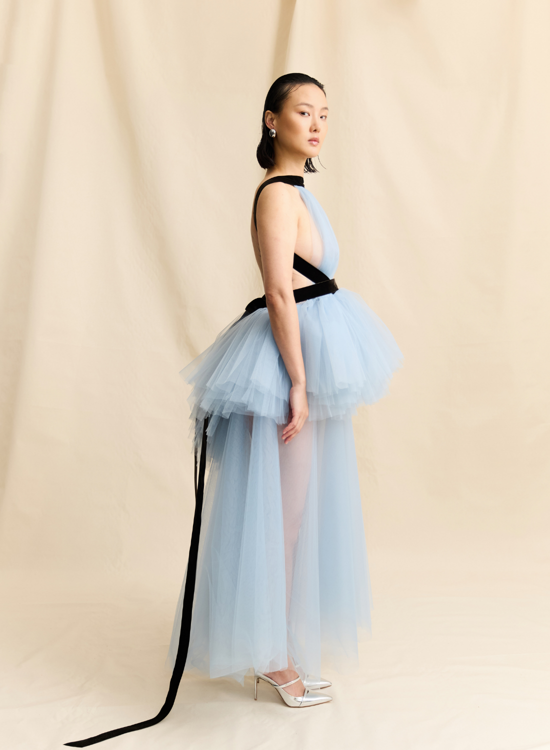 BLUE HIGH NECK TULLE GOWN WITH VELVET DETAIL STRAPS LOOK M17