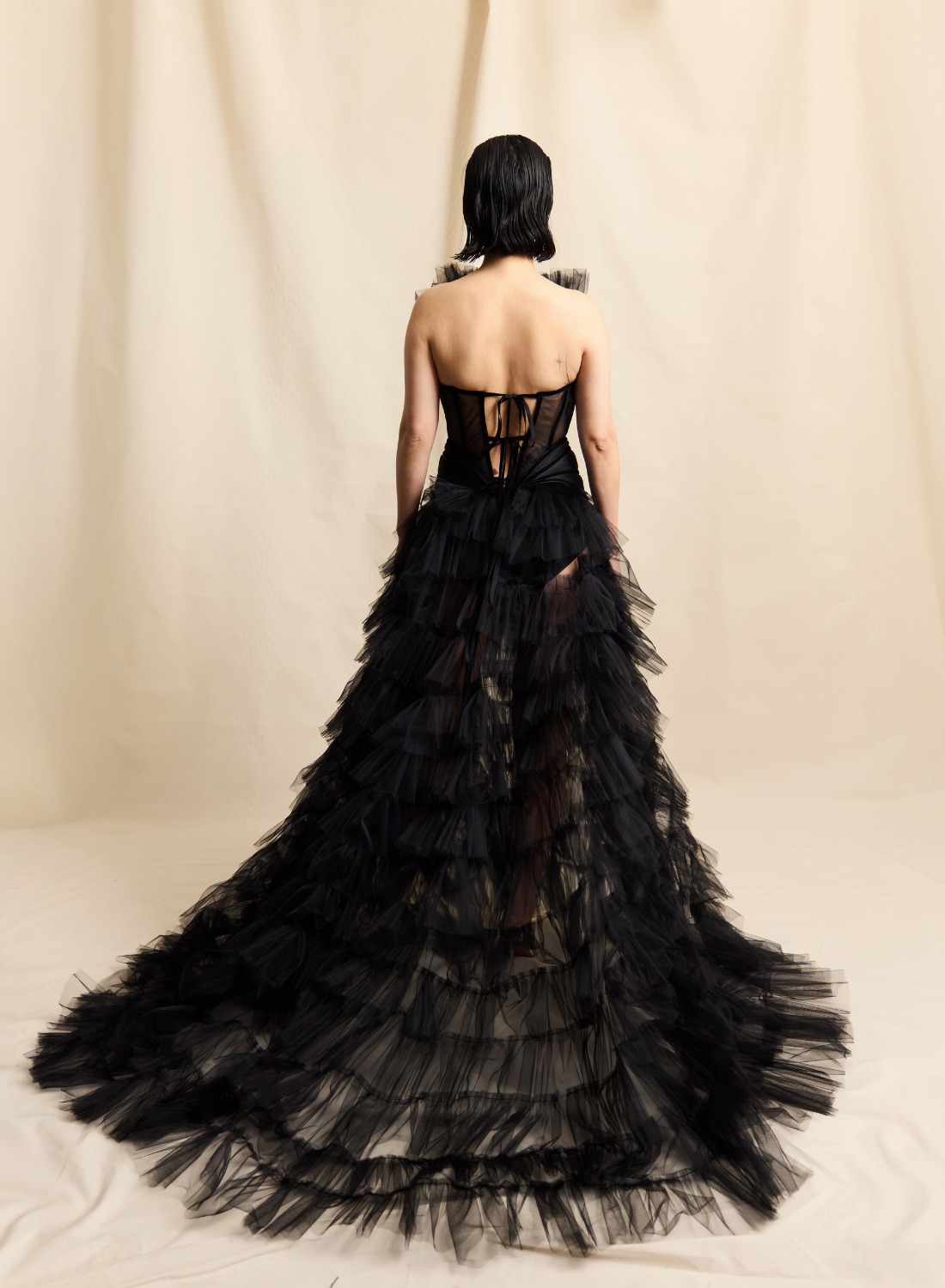 BLACK SHEER CORSETED RUDDLE TULLE GOWN LOOK M8