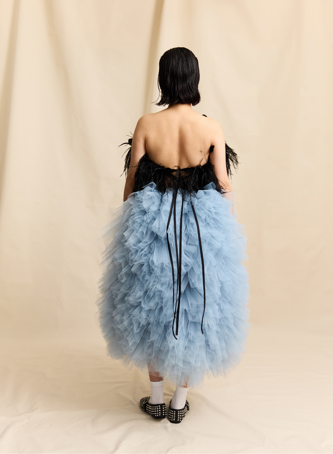 BLUE MIDI TULLE RUFFLE MIDI SKIRT LOOK M11 SKIRT