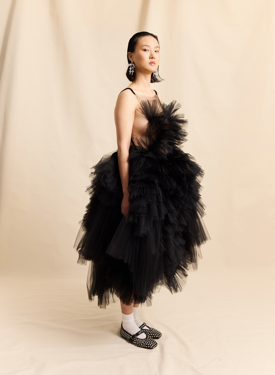 Black Tulle Ruffle & Ostrich Feather Midi & Dress LOOK M3