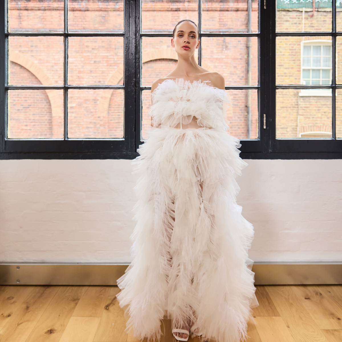 Ada Corseted Strapless Ostrich Feather & Ruffle Wedding Dress