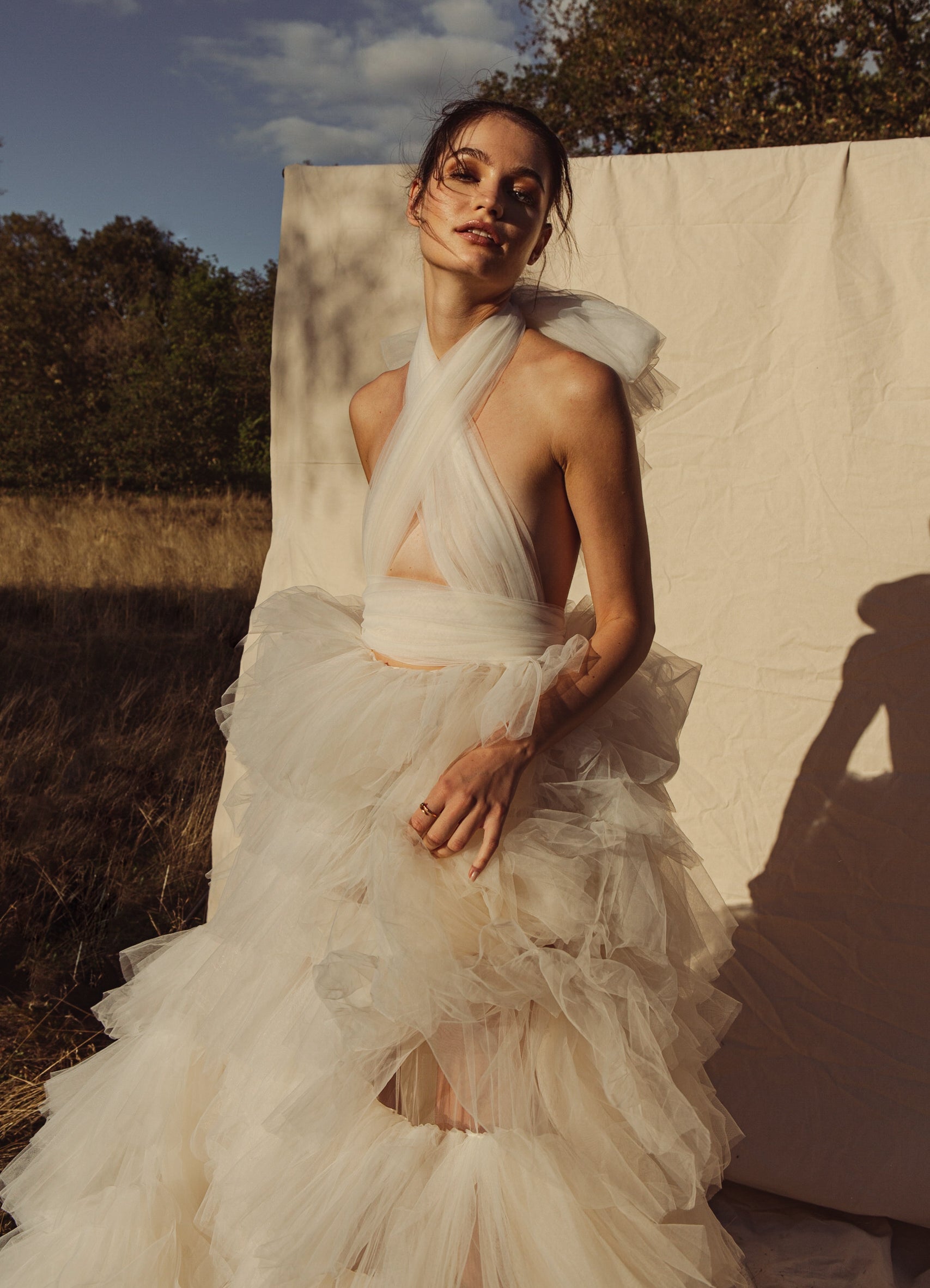 Sample Sale Emmi High Neck Draped Tulle Ruffle Gown