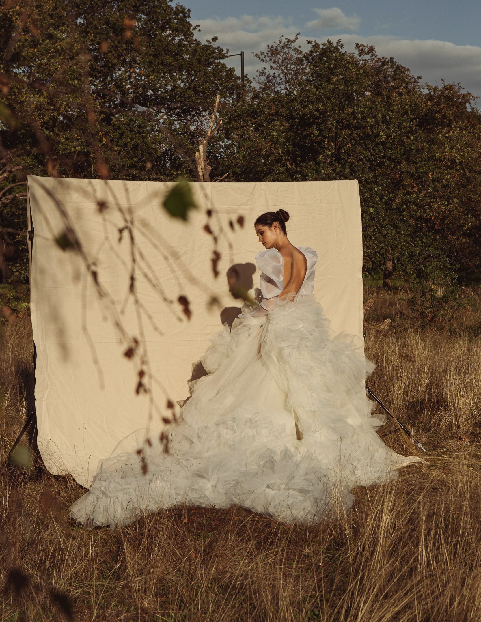 Sample Sale  Gabrielle Long Puff Sleeve & Silk Flower Ruffle Gown.