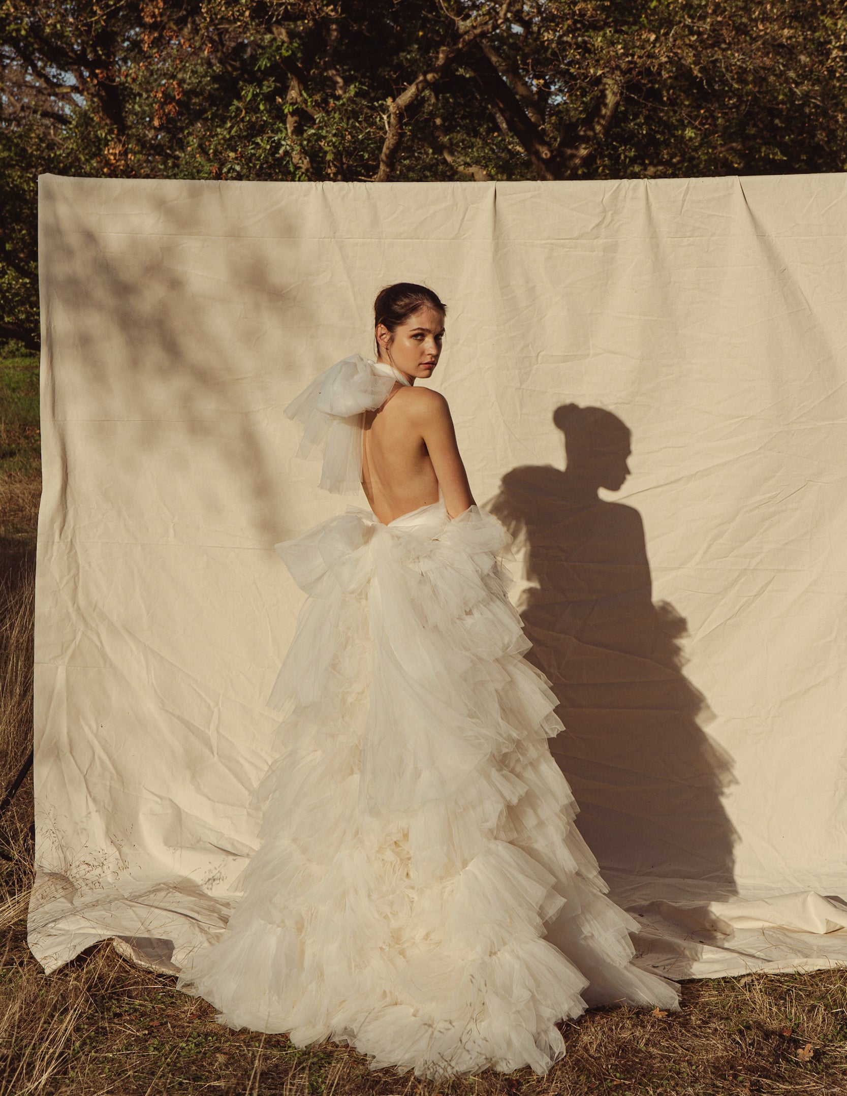 Emmi High Neck Draped Tulle Ruffle Gown