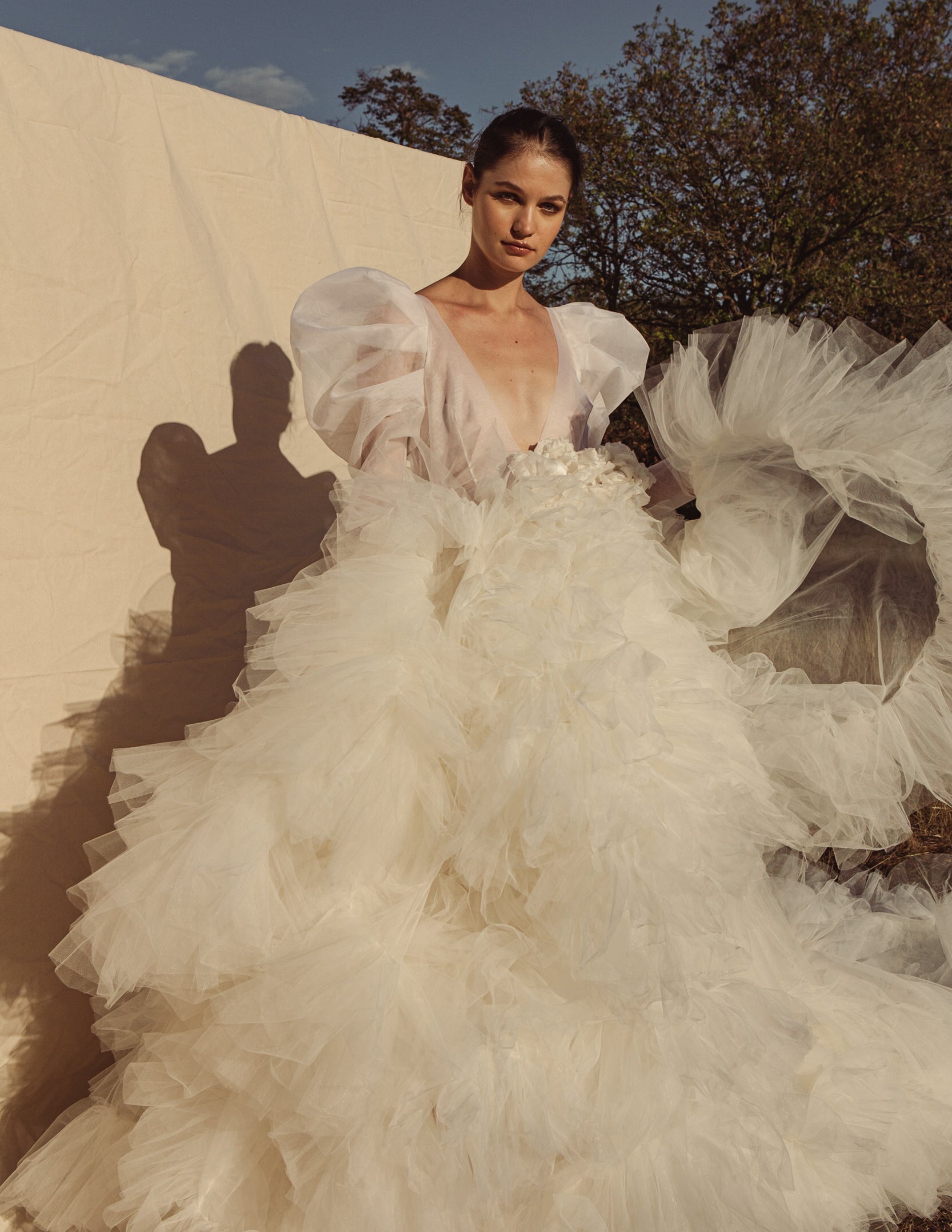 Gabrielle Long Puff Sleeve & Silk Flower Ruffle Gown.