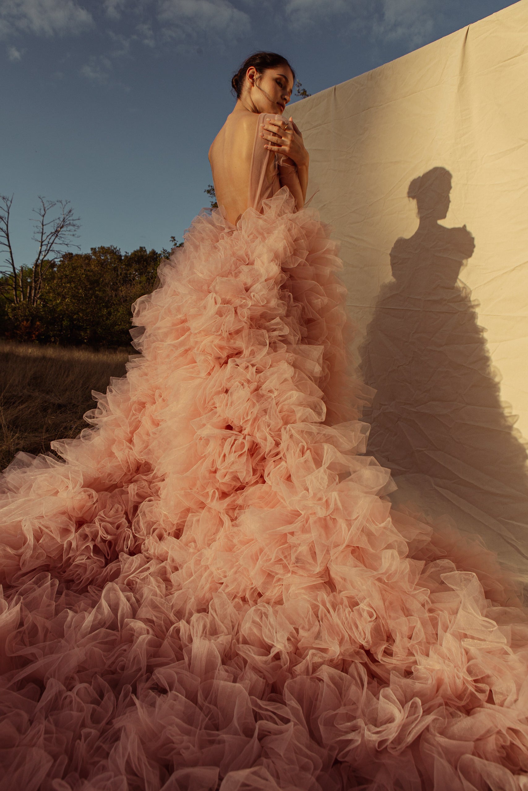 Sample Sale Rosaline Plunge Long sleeve High Low Ruffle Gown