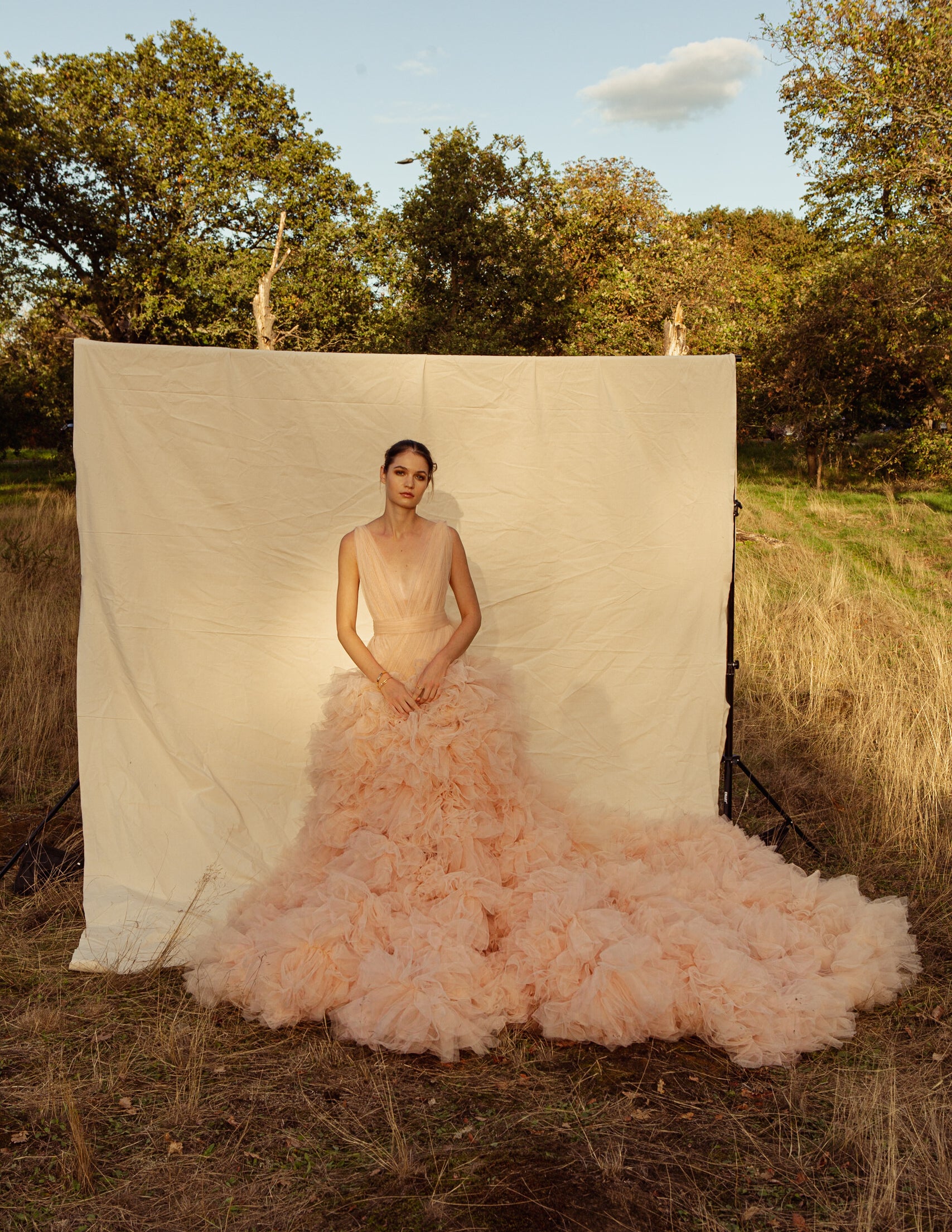 Simone Plunge pleated Tulle gown with Ruffle Tulle Skirt