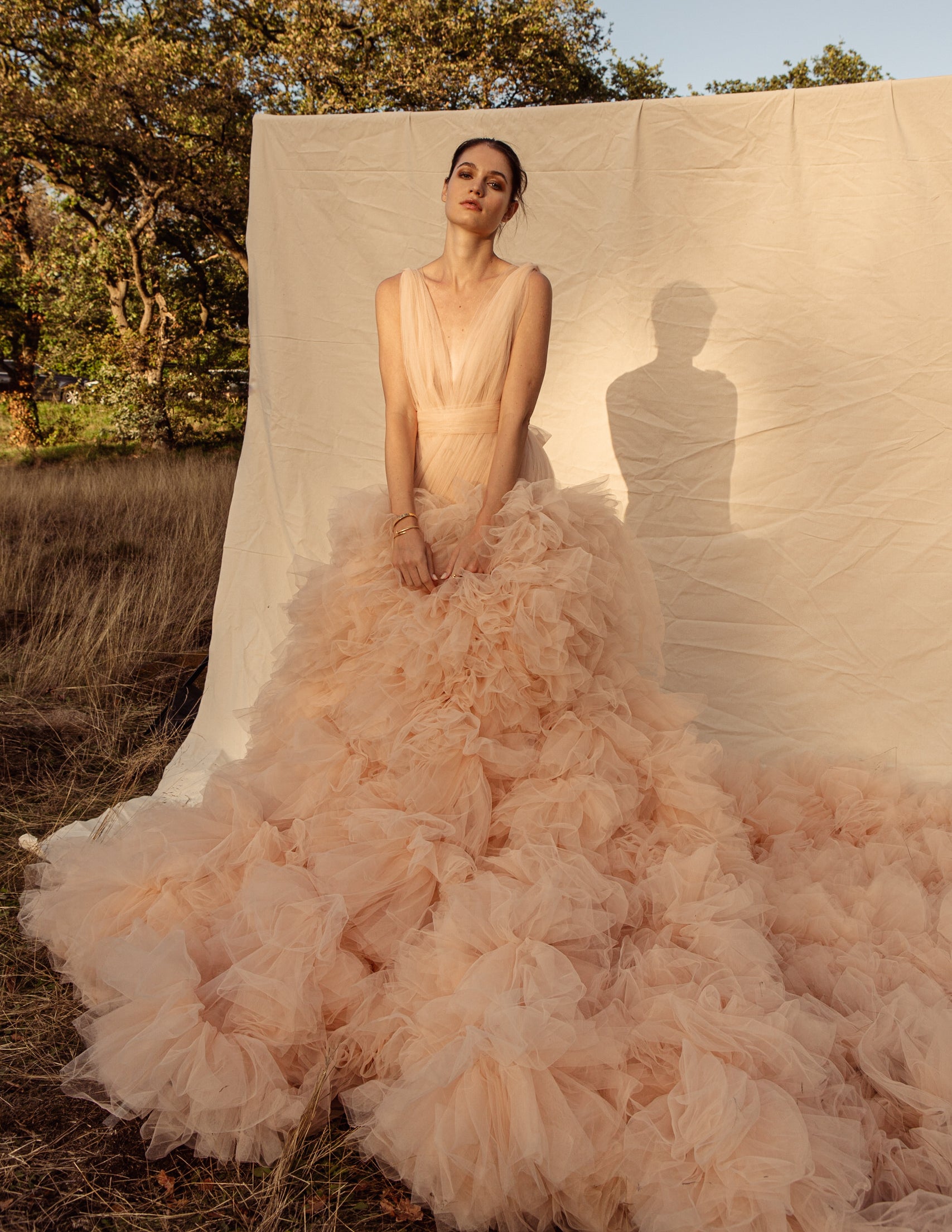 Simone Plunge pleated Tulle gown with Ruffle Tulle Skirt